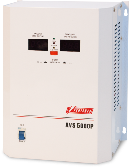 Стабилизатор POWERMAN AVS 5000P, ступенчатый регулятор, цифровые индикаторы уровней напряжения, 5000ВА, 110-260В, максимальный входной ток 32А, клеммная колодка, IP-20, навесной,  260мм х 220мм х 130мм, 9 кг. POWERMAN AVS 5000P